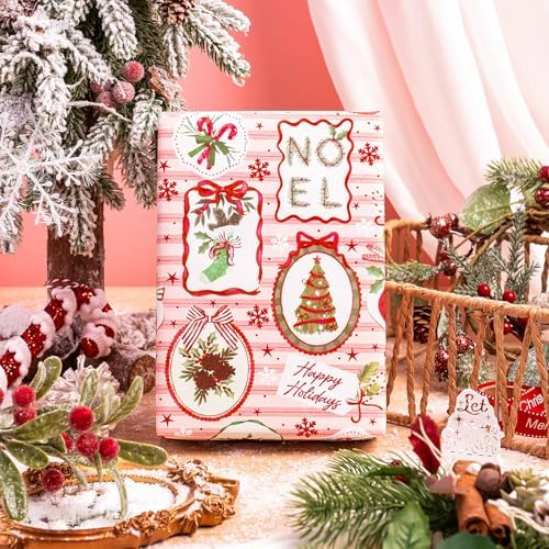 WRAPAHOLIC Reversible Christmas Wrapping Paper - Mini Roll - 17 Inch x 33 Feet - Pink & Red Classic Christmas Decor and Stripes Wrapping Paper for Xmas Holiday, Party Celebration