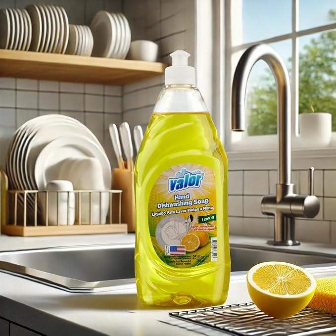 Valor Dishwashing Liquid, 25 fl oz – Dish Soap for Kitchen & Bathroom, Grease-Fighting, Gentle on Hands, Fast Rinse, Eco-Friendly Biodegradable Formula (25.5 oz (Pack of 3), Lemon)