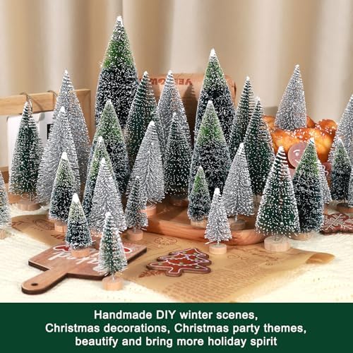 30Pcs Mini Christmas Trees Artificial Christmas Tree Bottle Brush Trees with Wooden Base for Christmas Decor Christmas Party Home Table Craft Decorations(Dark Green+Silver)