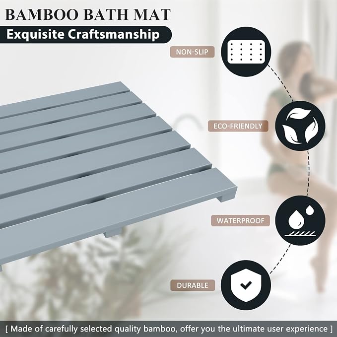 Bamboo Wooden Bath Floor Mat for Luxury Shower - Non-Slip Bathroom Waterproof Carpet for Indoor or Outdoor Use (Bluish Grey,31.3 x 18.1 x 1.5 Inches)