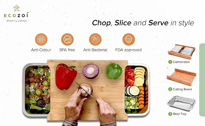 Bamboo Cutting Board by Ecozoi with 2 Slide Out Drawers. Keep Meal Prep Organized With Organic Bamboo Wooden Chopping Station. Non-Slip Butcher Block with Juice Groove for Easy Cleaning