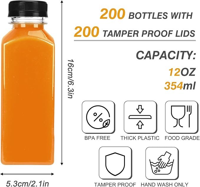 TOMNK 200pcs Juice Bottles, 12oz Reusable Plastic Juice Bottles with Caps and Labels, Funnel, Brush Beverage Containers for Juicing, Smoothies, Tea, Milk