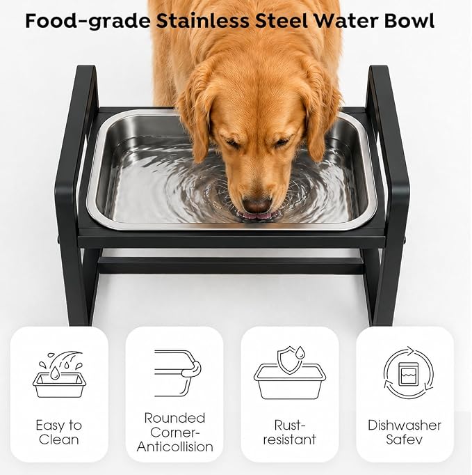Adjustable Height Elevated Large Dog Water Bowls with Stainless Steel Bowls and Metal Stand，4-Level (8/10/12/14 Inches) Pet Bowl for Dogs for Large Medium Dogs - Durable, Easy to Clean (2.4gallon)