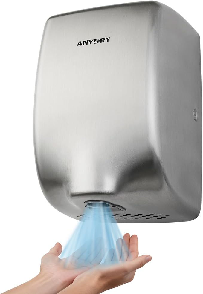 anydry Compact Hand Dryer, High-Speed 1350W Airflow, Brushed Stainless Steel Finish, Space-Saving for Commercial & Home Use, Model AD2803Y