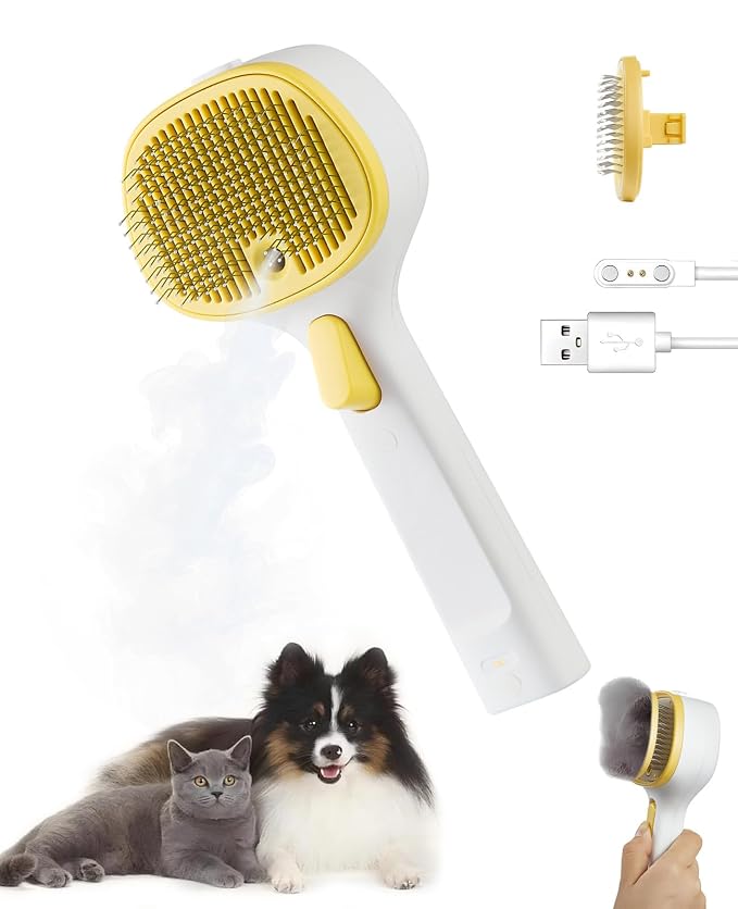 Cat Steam Brush for Cats & Dogs, Pet Steam Brush 3-in-1 with 2 Mist Modes, One-Touch Self Cleaning, Magnetic Safe Charging, Cat Hair Brush for Shedding, Dog Brush for Shedding, Yellow (Short Head)