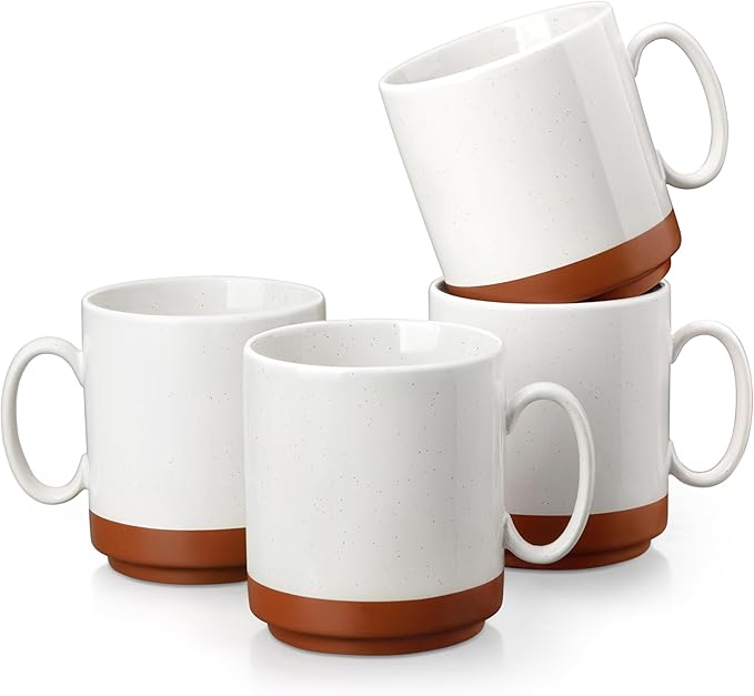 MALACASA 16oz Ceramic Coffee Mugs Set of 4, Stackable Coffee Cups with Straight-Sided Design, Mugs for Coffee, Latte, Tea, Hot Chocolate, Cappuccino and Cocoa, Microwave & Dishwasher Safe, Khaki White