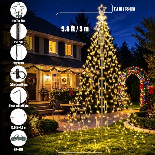 10 FT Outdoor Christmas Tree Lights, 408 RGB LEDs with Star, Pole & Remote