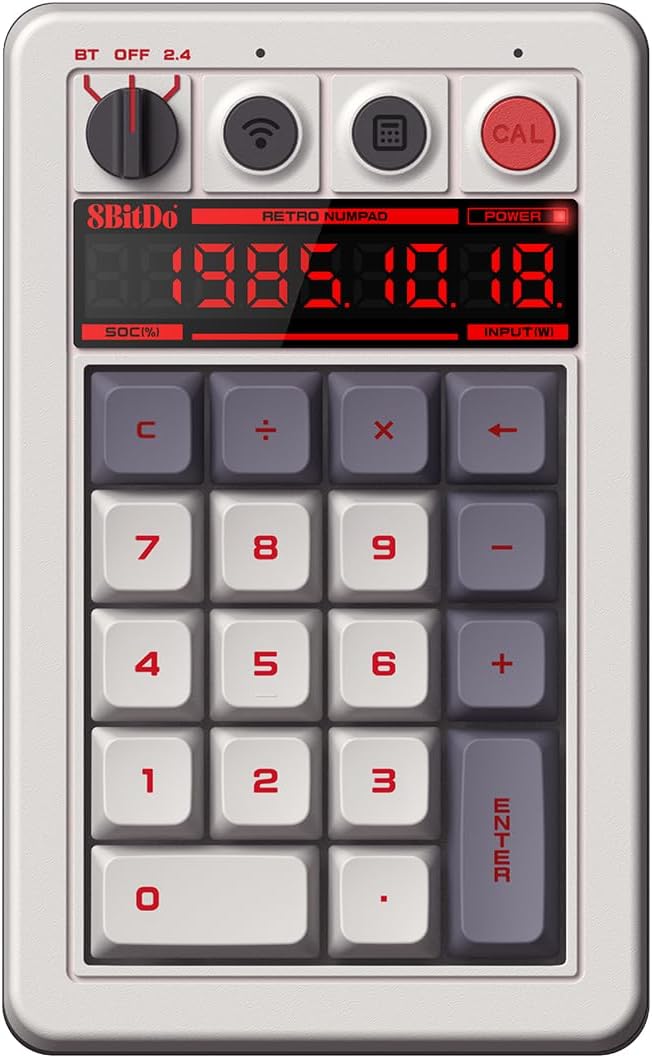 8Bitdo 18 Keys Retro Mechanical Numpad, Supports PC Numpad & Standard Calculator Mode, Hot-swappable, PC Calculator Shortcut Button, Bluetooth/2.4G/Wired Numpad for Windows and Android - N Edition
