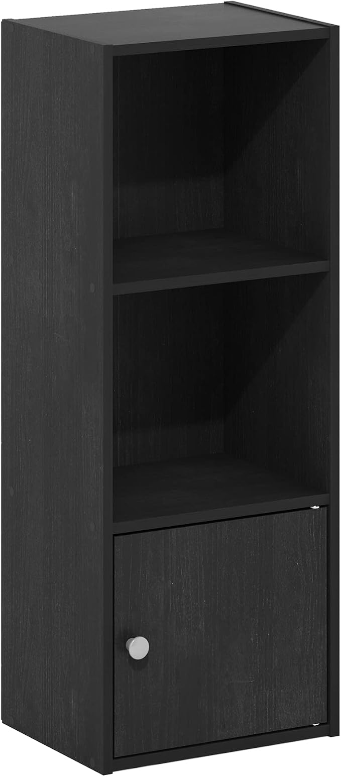 Furinno LUDER Book Shelf, 3-Tier Modern Bookshelf, Bookcase with 1 Door Storage Cabinet, 9.3 x 12 x 31.5, for Organization and Storage, for Living Room, Bedroom, Home Office, Blackwood