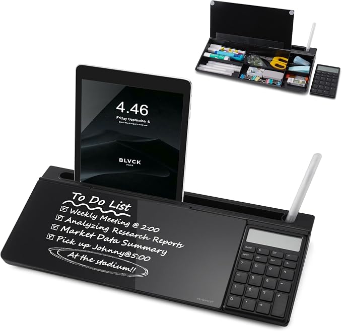 Small Glass Desktop Whiteboard Dry-Erase-Board - Computer Keyboard Stand with Calculator White Board Surface Pad with Drawer, Desk Organizers with Accessories for Office, Home, School Supplies - Black