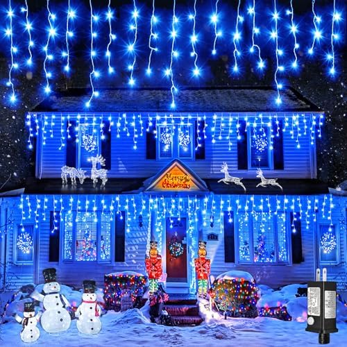 Icicle Lights for Outside 66ft 640 LED Icicle Lights Plug in Fairy Curtain Lights with Timer for Party Holiday Wedding Decorations, Blue