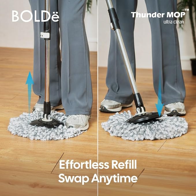 Thunder MOP Spin System - Ultra Clean - Single Bucket Microfiber Head, Stainless Steel Wringer, Antifungal Quick-Dry Cleaning, Soap Dispenser, 3 Free Refills (Black/White)
