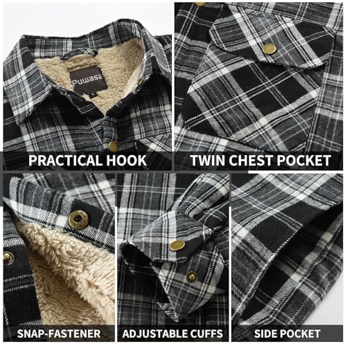 Men's Sherpa Cotton Flannel Shirt Jacket Plaid Button Coat Pocket