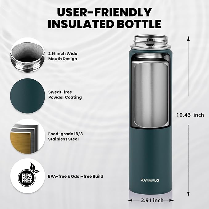 RAYMYLO Insulated Water Bottle 24 oz, Triple Wall Vacuum Stainless Steel (Cold for 24Hrs, Hot for 12Hrs), Leak Proof & Non-BPA, Modern Water Flask Jug with Paracord Handle & Straw Spout Lids