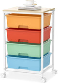 Utility-Rolling-Storage-Drawer-Craft-Cart-Organizer with 4 Drawers and Wooden Tabletop & Lockable Wheels for Home Office, Bedroom, Kids Room, Classroom, 4 Tiers Under Desk Drawer Cart, Macaron