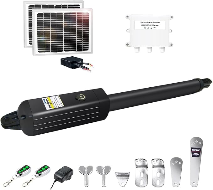 TOPENS A3S Automatic Solar Gate Opener for Light Duty Single Swing Gates Up to 12ft, Single Swing Gate Operator Battery Powered with Remote Control Kit Gate Motor Solar Panel Included