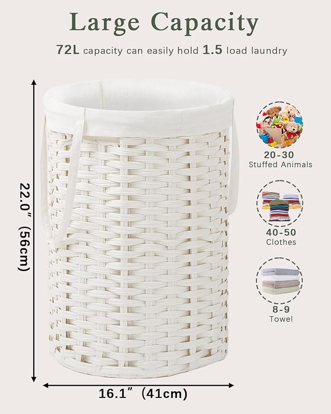 SETVSON Laundry Hamper Laundry Basket Round 19.0 Gal (72 L) Handwoven Rattan Hamper, Large Wicker Laundry Hamper with Removable Laundry Bag Handles 2 Mesh Bags for Bedroom Living Room White (No Lid)