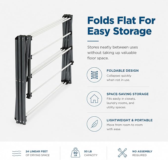 Honey-Can-Do 6-Tier Collapsible Clothes Drying Rack, 30", White | Accordion frame opens to 6 tiers with 24 ft of drying space, then folds flat to 3 in. Rust-resistant coated steel.