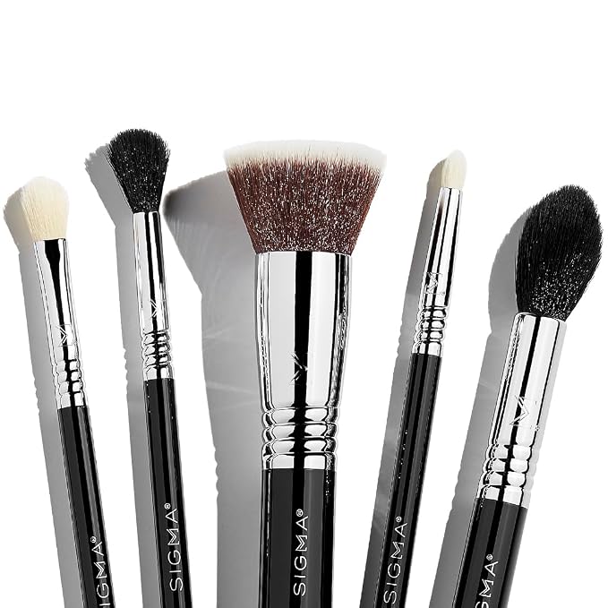 Sigma Beauty Most-Wanted Brush Set — Set of 5 Favorite Makeup Brushes for Foundation, Highlighter, Eyeshadow, Pencil Liner, and Blending (5 pcs)