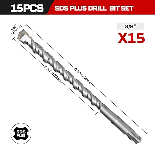 GEINXURN 15 PCS 3/8" x 8" Double Thread Rotary Hammer Drill Bits, Masonry Drill Bits Tool Set Carbide Tipped, Drilling in Brick, Stone and Concrete, Cement Walls