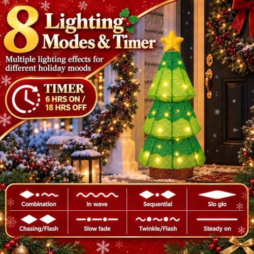 27.5-Inch Lighted Christmas Tree for Outdoor Christmas Decorations, Battery Operated Pop-Up Decor with 45 Warm White LEDs, 8 Lighting Modes, Timer, Collapsible Design for Porch, Yard and Lawn