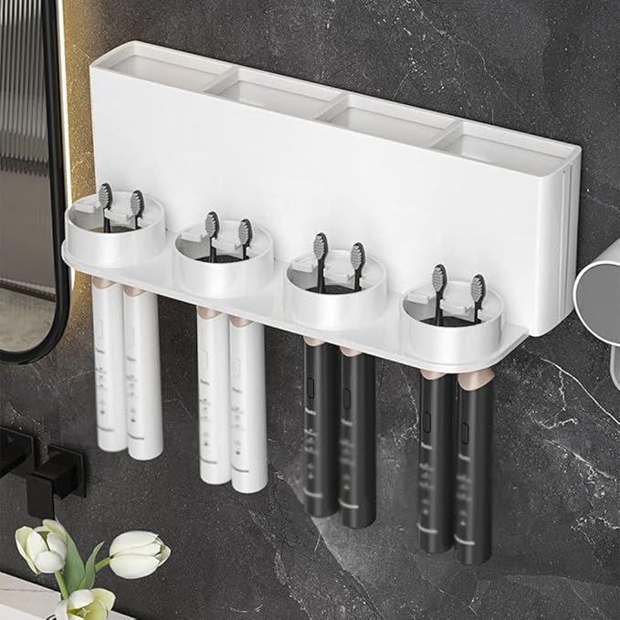 Toothbrush Rack 2PCS Wall Mounted Toothbrush Holder Storage Rack with Mouthwash Cup Automatic Toothpaste Dispenser Squeeze Kit Bathroom Toothbrush Holder(A)
