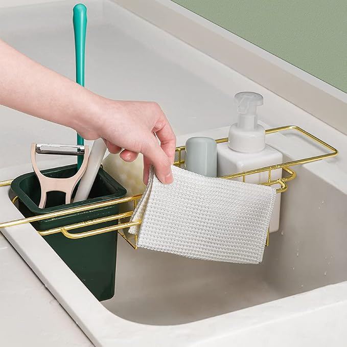 Wrought Iron Kitchen Sink Sponge Holder Drain Storage Rack Suitable for Sponge, Brush, Cloth, Cleaning Agent Green