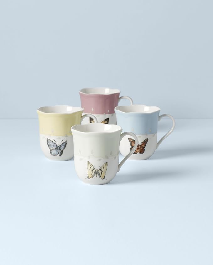 Lenox Butterfly Meadow Colors Porcelain Mug Set for 4, 12oz | Dishwasher safe, microwave safe | floral design | coffee mug gift for coffee lovers | 10oz, gift for women