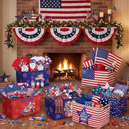 CHENGU 6 Pack 4th of July Storage Baskets Collapsible Patriotic Bins for Gifts 250th Independence Day Red Blue White Large Gnomes Basket Foldable American Flag Box with Handle for Party Bedroom Home