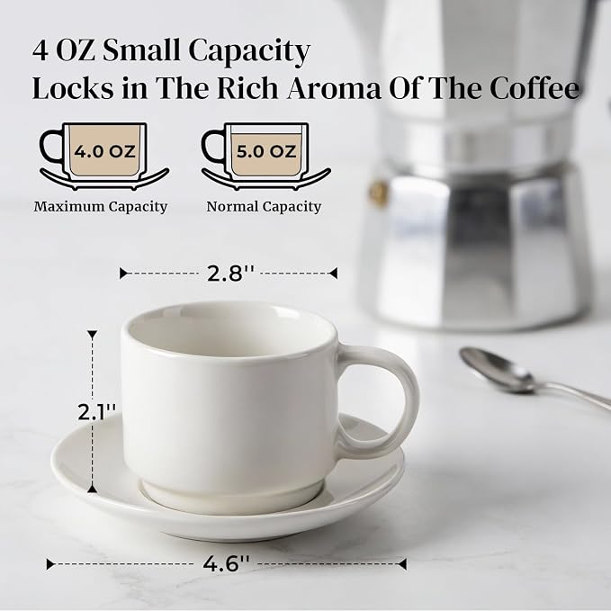 DOWAN 4 OZ Stackable Espresso Cups, Porcelain Coffee Cups with Saucers Set of 4, White Espresso and Tea Cups for Home, Office and Cafe Use