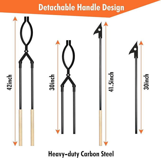 42 Inch Detachable Fire Tongs and Poker Set with Carrying Bag | Heavy Duty Fire Pit Tools, Log Grabber for Indoor Outdoor Use, Perfect for Fireplace, Fire Pit, Campfire, Wood Burning Stove