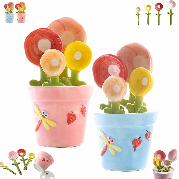 5pcs Ceramic Flower Pot Measuring Spoons and Cup Set, Cute Measuring Cups and Spoons Set for Milk Powder Sugar Salt Wet Dry Ingredients(Pink+blue2set)