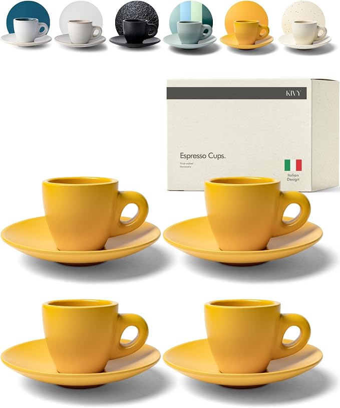 KIVY Espresso Cups Set of 4 - Stoneware - Italian Style - 3oz Each - Yellow