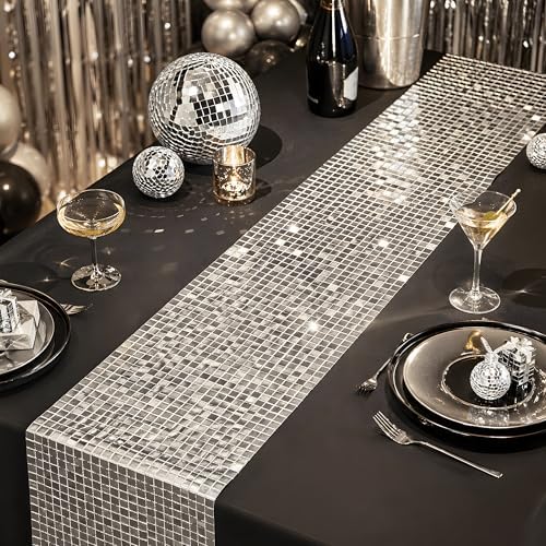 Disco Party Decorations - Glitter Disco Table Runner | Retro 70s 80s Disco Ball Decor Indoor Outdoor - Silver Sequin Party Favors Supplies for Wedding Bachelorette Birthday Dance Party
