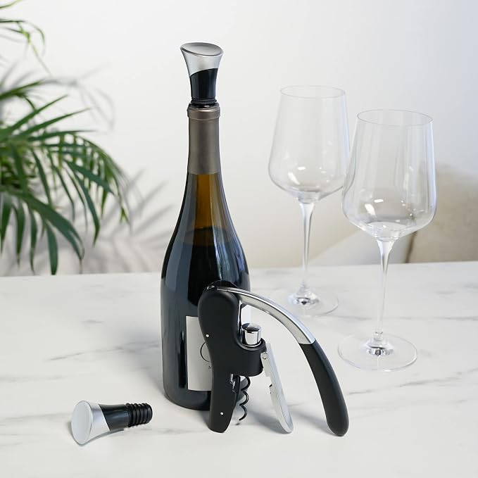 True Lever Corkscrew Manual Stoppers Top-Notch Cork Bottle Opener with Ergonomic Handle and Wine Preserver, Set of 3, Black