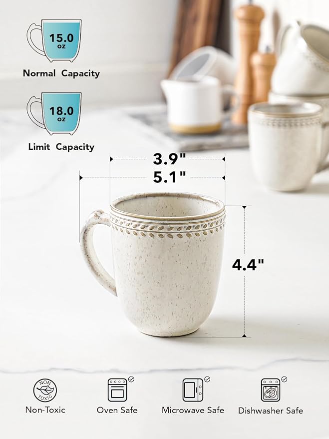 LE TAUCI Coffee Mugs 18 oz,Ceramic Mug Set, Embossment Cups for Latte, Hot Tea, Cappuccino, Mocha, Cocoa,Suit For Housewarming Wedding- 3.9 inch, Set of 6, Birch