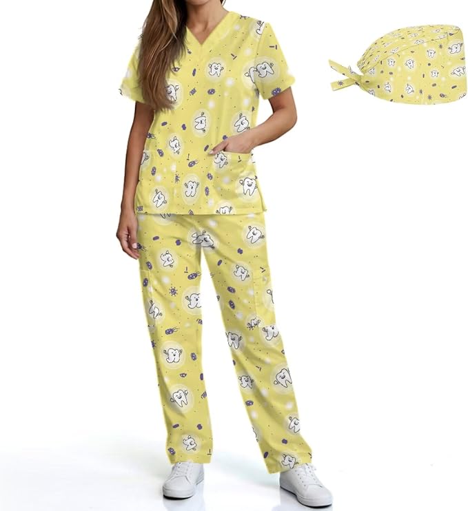 Gomyblomy Women's Scrubs Suit 3-Piece Set | Teeth Print V-Neck Top & Pants & Cap, Breathable and Stretch Fabric, S-5XL
