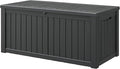 151 Gal Deck Box, Outdoor Storage Box Waterproof Lockable, Gas Lift,Black | Large sturdy grey resin deck box, double wall panels, waterproof backyard storage for package delivery, garden hoses tools