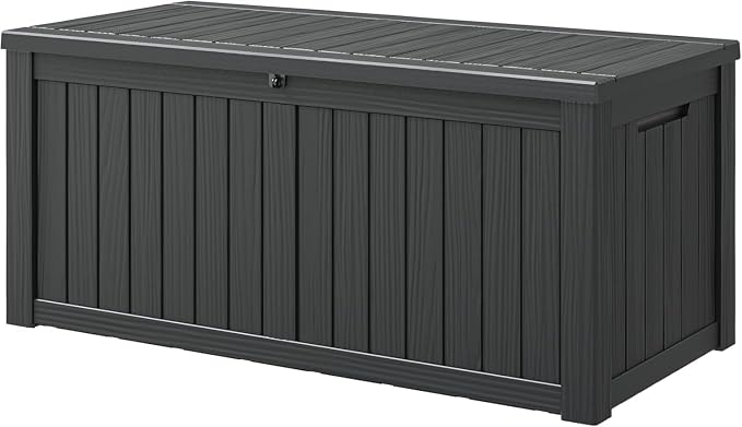 151 Gal Deck Box, Outdoor Storage Box Waterproof Lockable, Gas Lift,Black | Large sturdy grey resin deck box, double wall panels, waterproof backyard storage for package delivery, garden hoses tools
