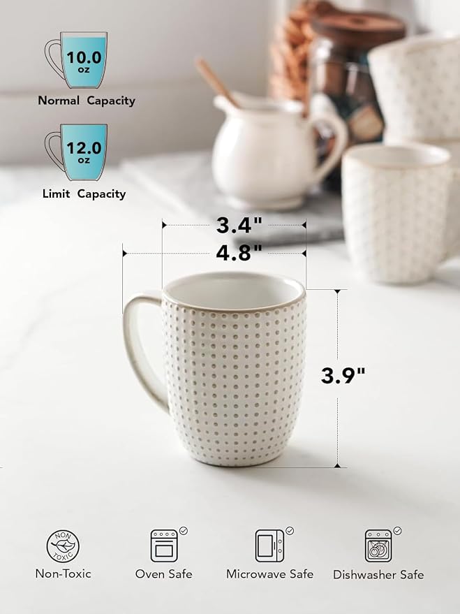 LE TAUCI Coffee Mugs 12 oz, Ceramic Mug Set Set of 4, Embossment Cups for Espresso, Latte, Tea, Cocoa, Cappuccino & Mocha, Dishwasher Oven Microwave Safe - 3.4 inch, Arctic White