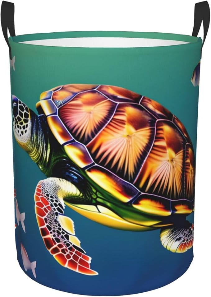 Sea Turtle With Fishes Large Foldable Laundry Basket Hamper,Storage Basket Bin With Handles,For Bathroom,College