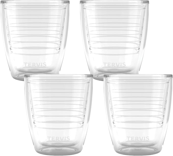 Tervis Clear & Colorful Tabletop 12oz Made in USA Double Walled Insulated Tumbler Travel Cup Keeps Drinks Cold & Hot, 12oz - 4pk, Clear | Made in USA, Double-wall Insulated, Shatterproof, BPA-Free, Dishwasher Safe, Fits Most Cupholders, Great to Gift, ...
