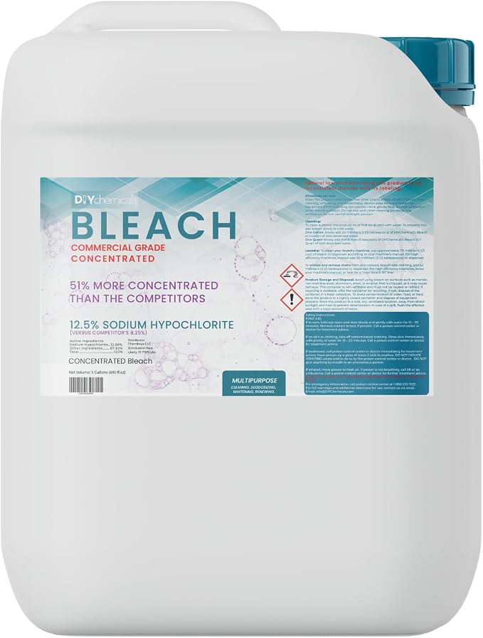 DIYChemicals Bleach - Concentrated Bleach (Sodium Hypochlorite 12.5%) - Cleaning, Deodorizing, Whitening, Renewing (5-Gallon Jug)