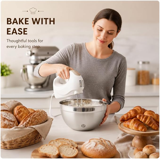 Hand Mixer Electric with 4 Stainless Steel Mixing Bowls, Measuring Cups & Spoons, Silicone Spatula, 5-Speed Handheld Electric Mixer for Baking Cake, Cookies, Whipping Cream