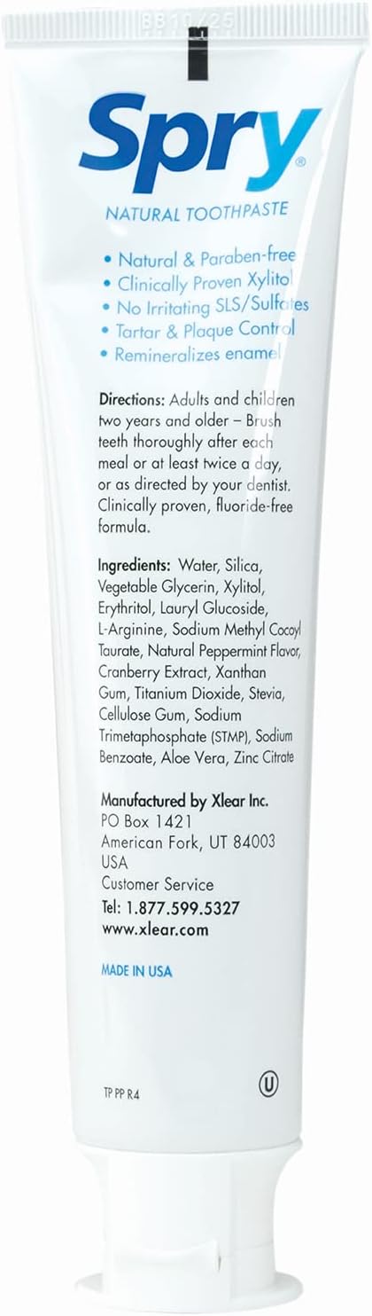 Spry Natural Fluoride Free Xylitol Toothpaste, 5oz Peppermint (Pack of 2) | Gentle for Sensitive Teeth Whitening and Remineralizing, Bad Breath Freshening, Dry Mouth Moisturizing, for Adults and Kids