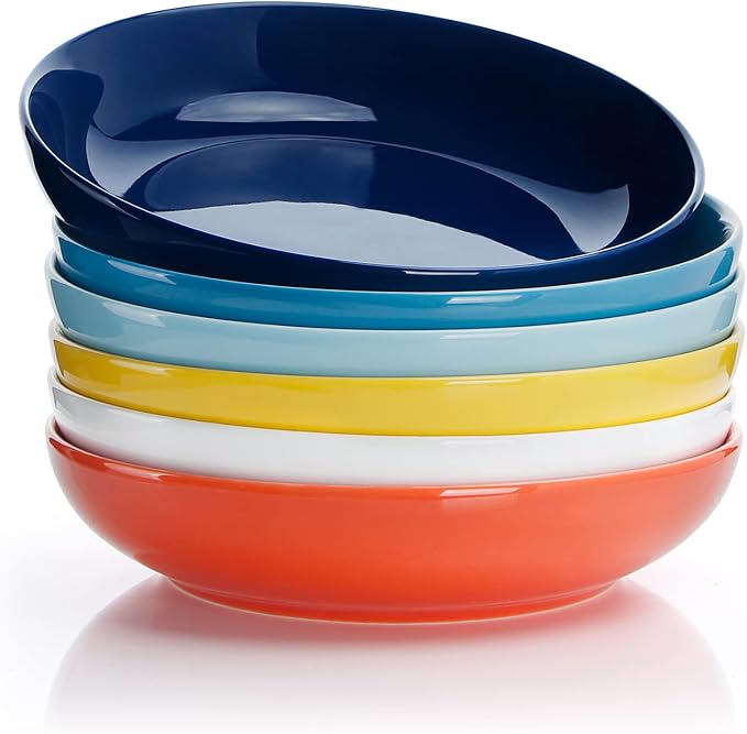Sweese 22oz Porcelain Pasta Bowls Set - 7.6" Salad Serving Dishes, Microwave Dishwasher Safe, Set of 6, Vibrant Colors