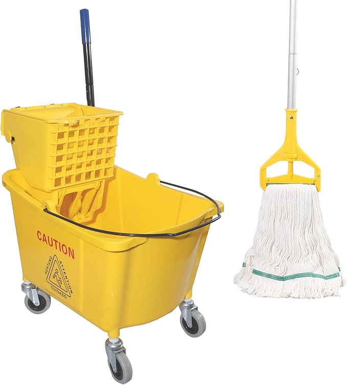 Midoneat Commercial Mop Bucket with Side Press Wringer on Wheels | 35 Quart, Yellow, Including One Commercial Mop