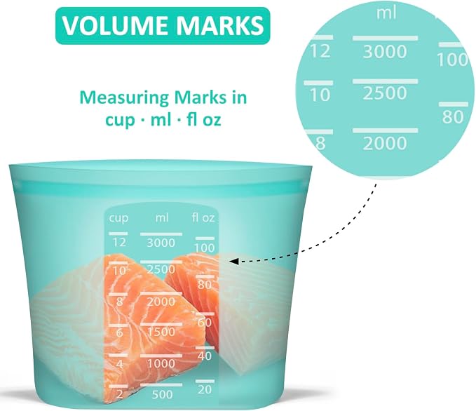 Reusable Storage Bag, 8 Pack 100% Silicone Food Storage Bags Stand Up Zip Lock Bags for Food Container, Freezer Microwave Oven Dishwasher Safe, 2 X-Large(0.8 Gallon) 2 Medium 2 Small 2 X-Small, Aqua