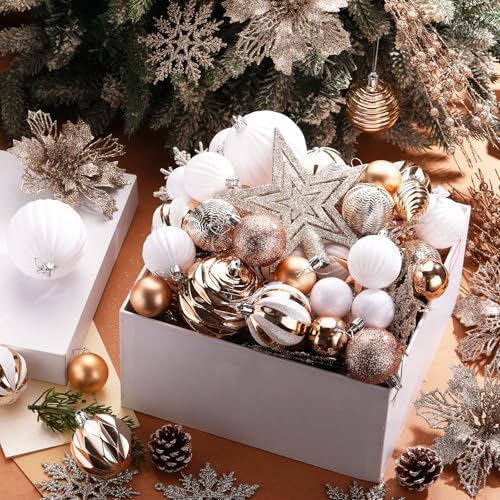 CroBlissful 118 Pcs Christmas Tree Ornaments Set Including Ornaments Balls, Hanging Snowflakes Icicle, Mesh Ribbon, Tree Top Star, Flower, Berries Stems for Xmas Trees Holiday Decor (Champagne)