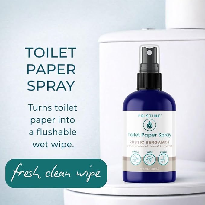 PRISTINE Toilet Paper Spray, As Seen on Shark Tank, Flushable Wipe Alternative, Personal Cleansing Bathroom Spray for Regular Toilet Tissue, Bidet Alternative, Made in USA, Rustic Bergamot, 4oz Bottle
